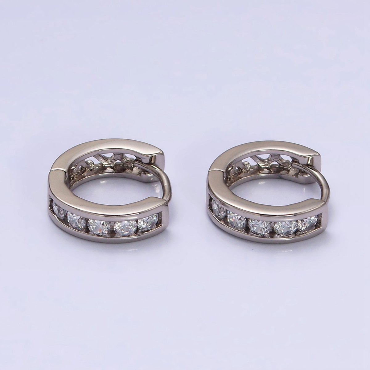 White Gold Filled Clear CZ Lined 14.5mm Huggie Hoop Earrings | AD1314 - DLUXCA