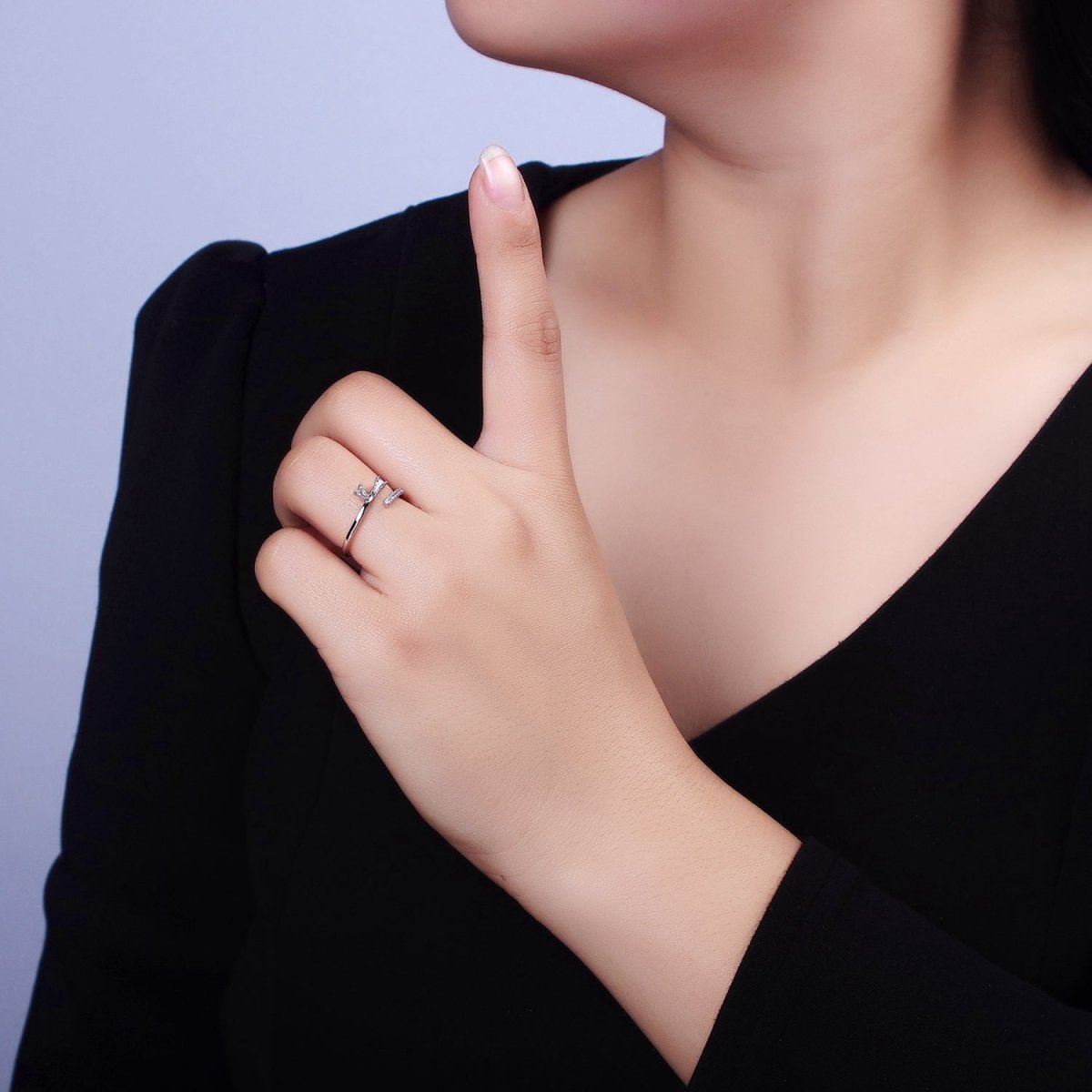 White Gold Filled Clear Double Baguette Micro Paved Lined Open Adjustable Ring | O-010 - DLUXCA