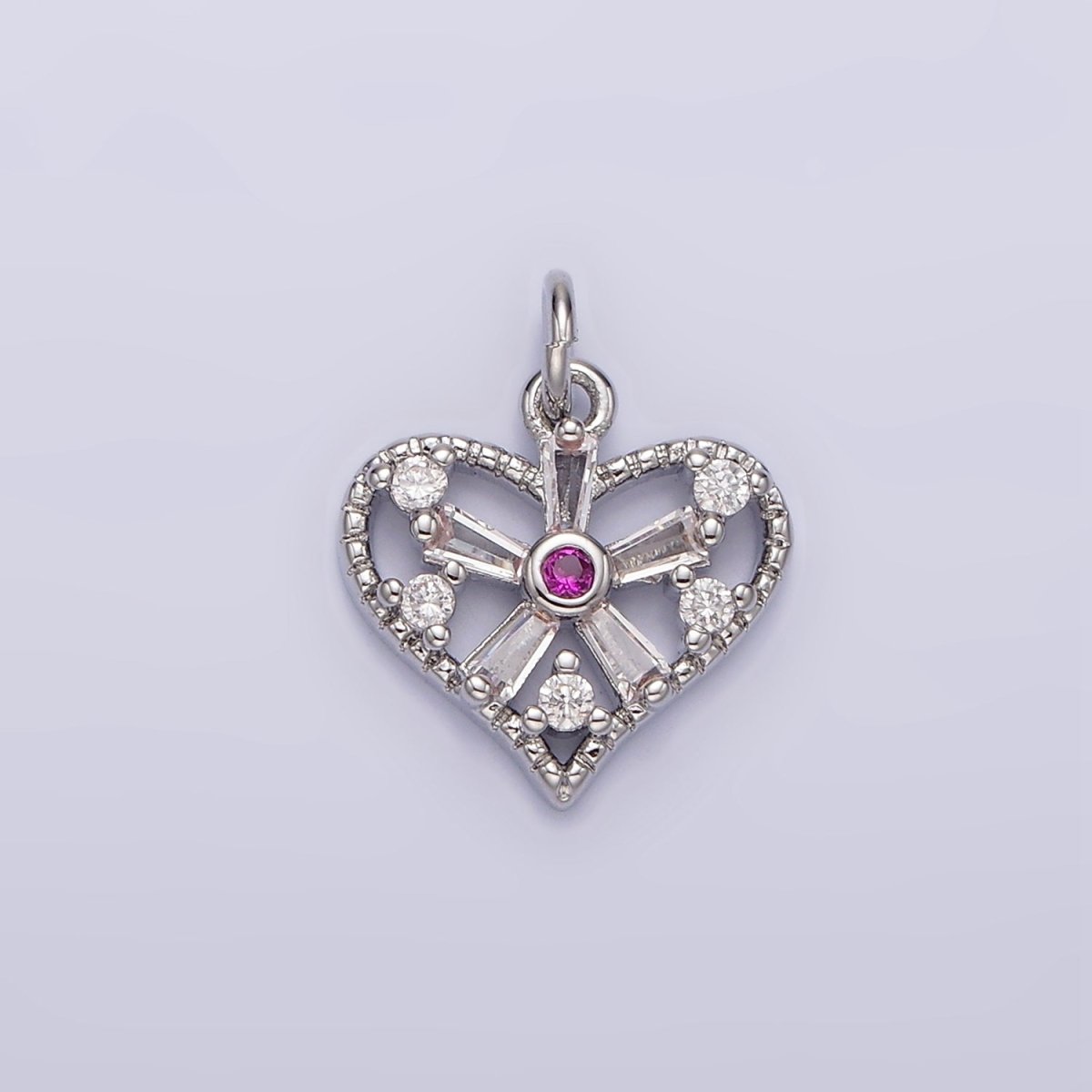 White Gold Filled Clear, Fuchsia, Green, Baguette Flower CZ Open Heart Charm | N1142 - N1144 - DLUXCA
