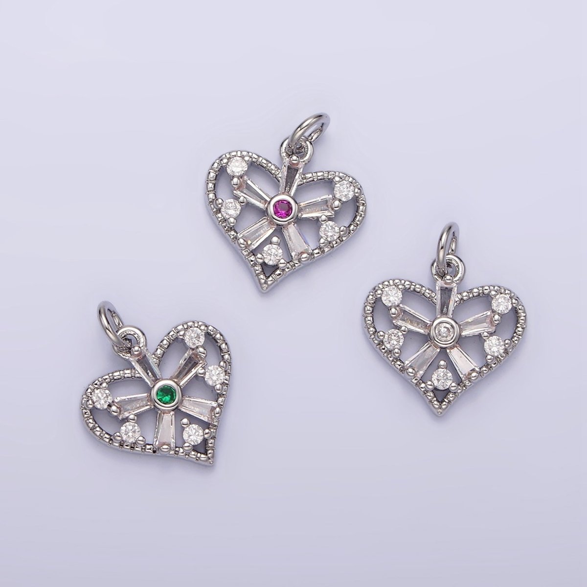 White Gold Filled Clear, Fuchsia, Green, Baguette Flower CZ Open Heart Charm | N1142 - N1144 - DLUXCA