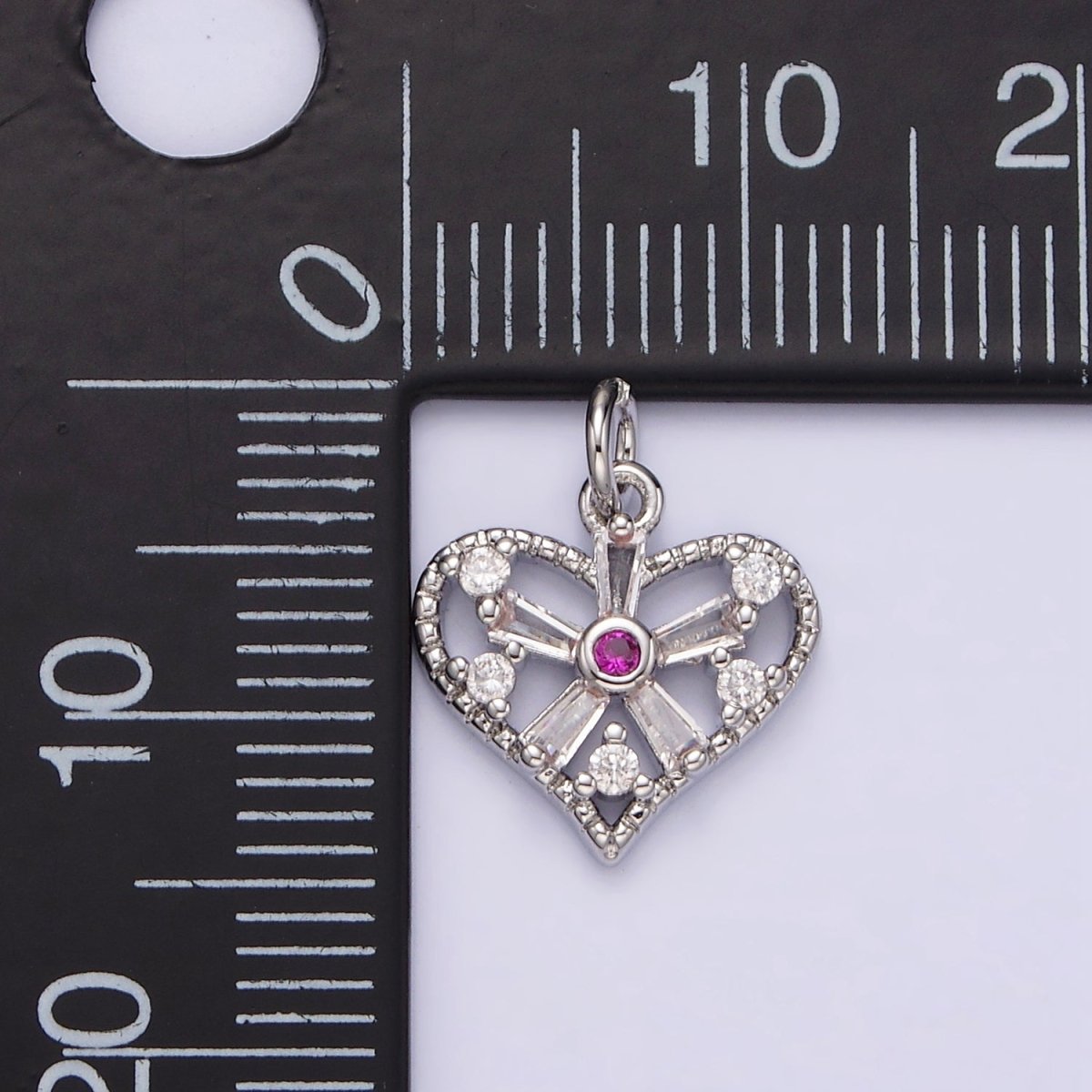 White Gold Filled Clear, Fuchsia, Green, Baguette Flower CZ Open Heart Charm | N1142 - N1144 - DLUXCA