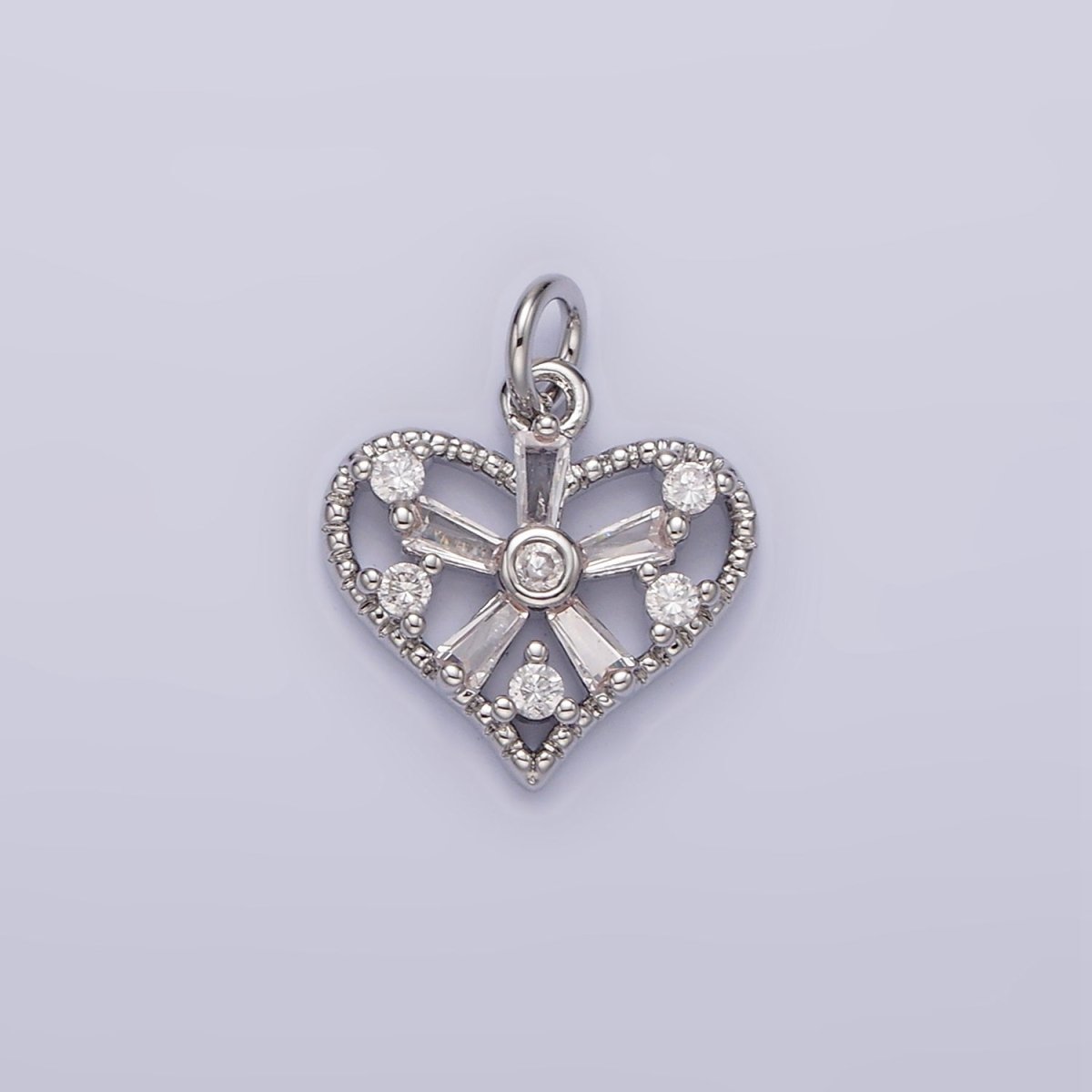 White Gold Filled Clear, Fuchsia, Green, Baguette Flower CZ Open Heart Charm | N1142 - N1144 - DLUXCA