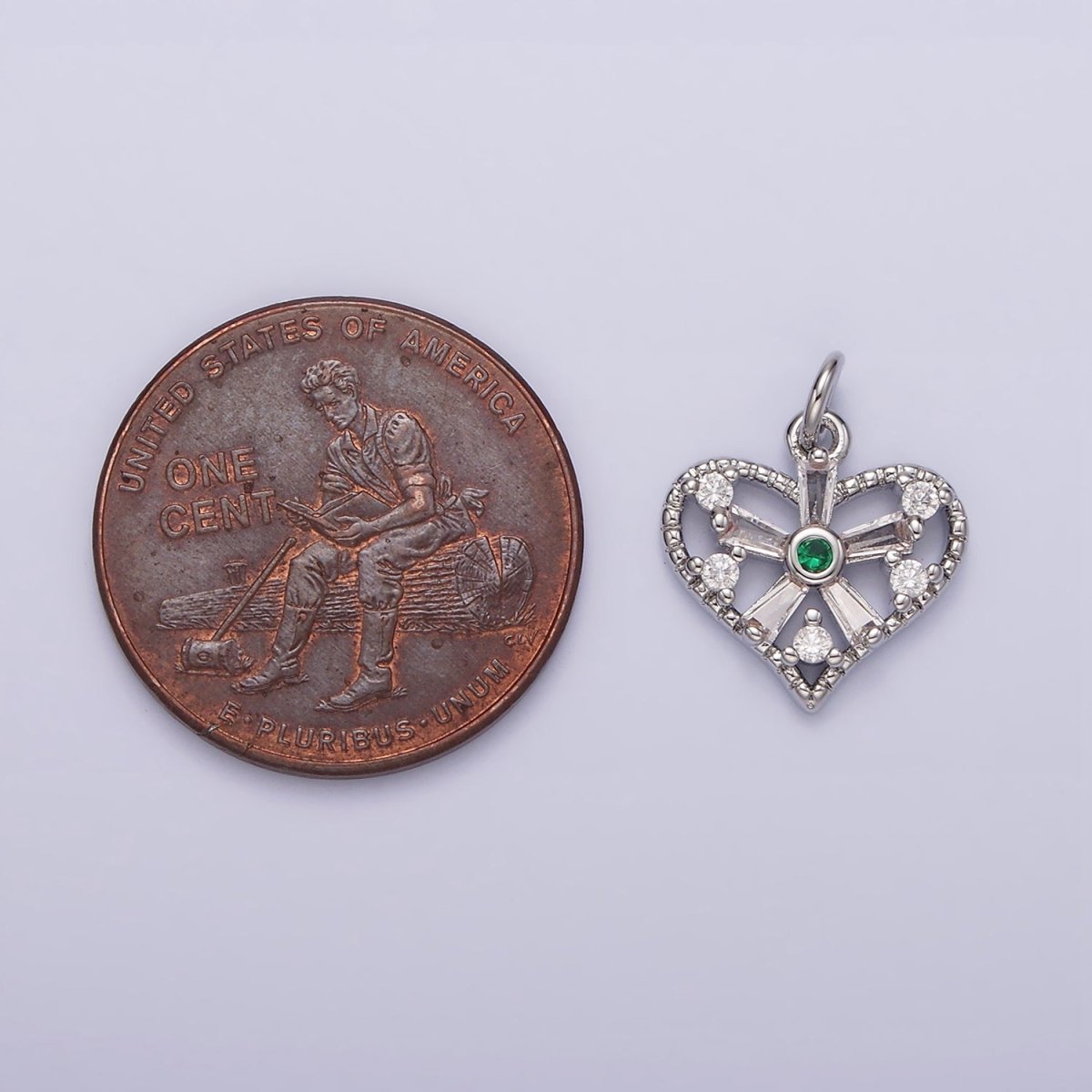 White Gold Filled Clear, Fuchsia, Green, Baguette Flower CZ Open Heart Charm | N1142 - N1144 - DLUXCA