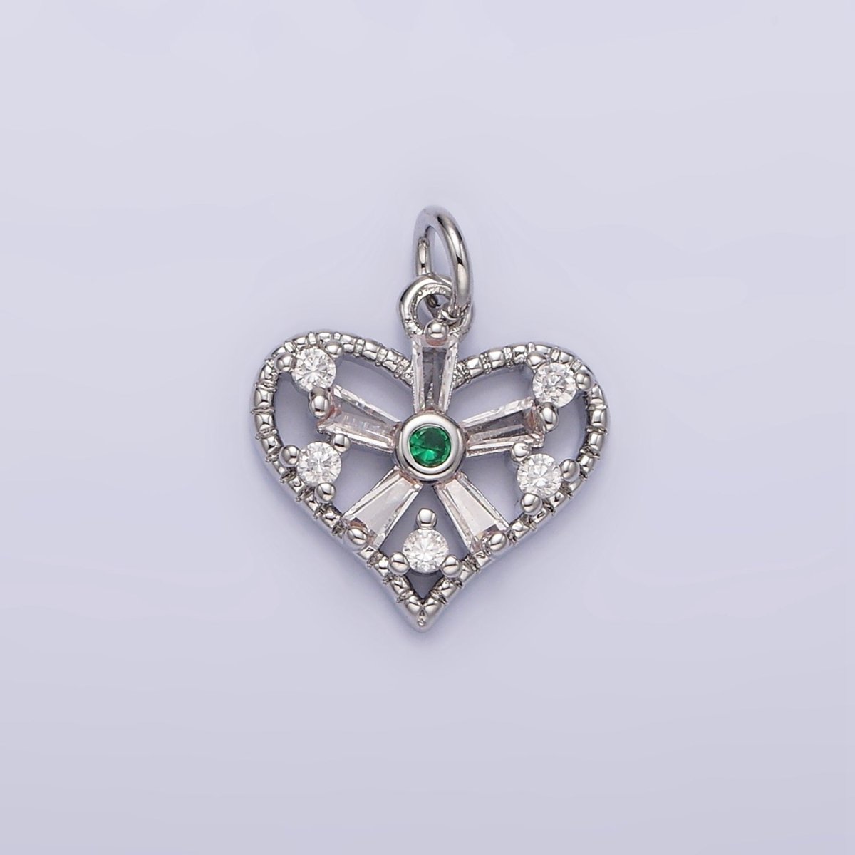 White Gold Filled Clear, Fuchsia, Green, Baguette Flower CZ Open Heart Charm | N1142 - N1144 - DLUXCA