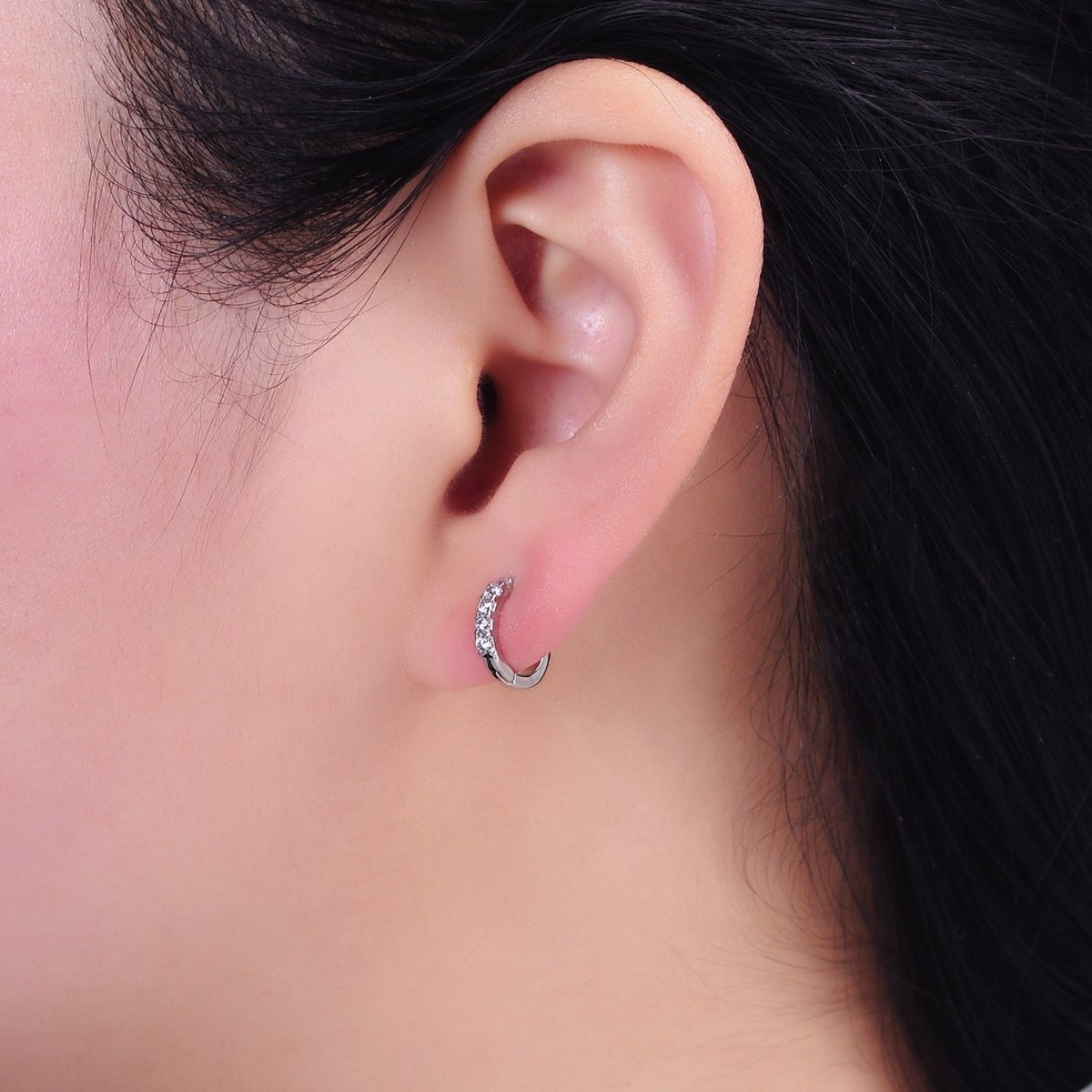 White Gold Filled Clear Micro Paved CZ 10mm Cartilage Huggie Earrings | AD1543 - DLUXCA