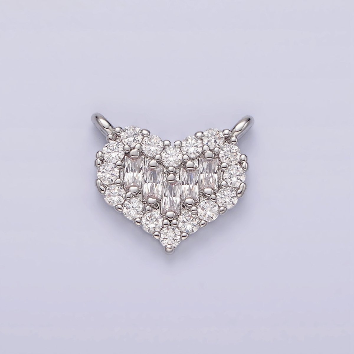 White Gold Filled Clear Multiple Baguette Micro Paved CZ 14mm Heart Connector G-787 - DLUXCA