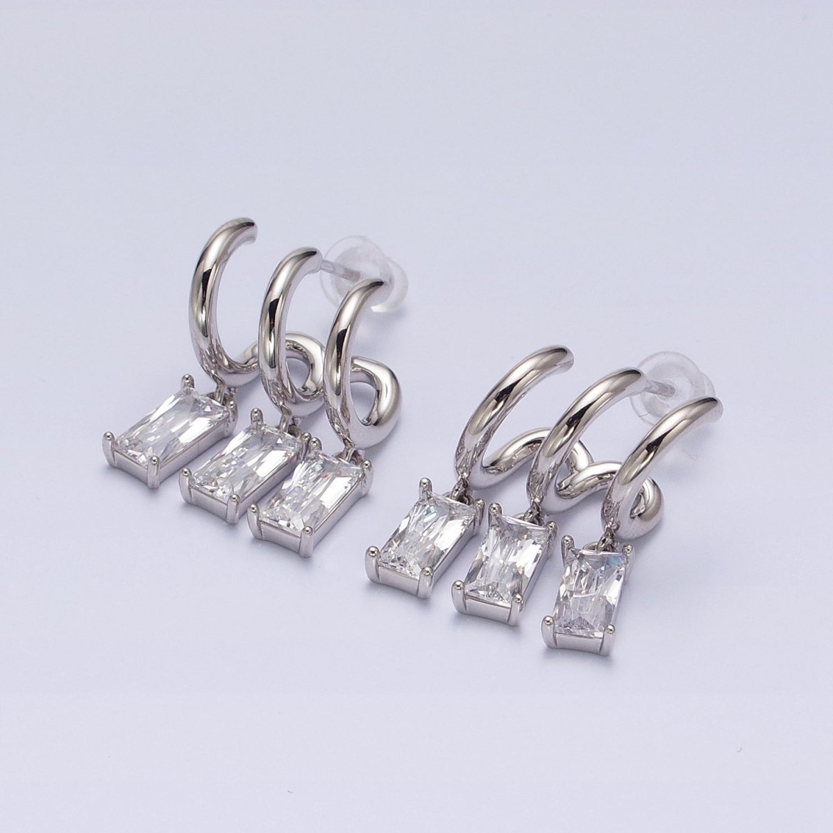 White Gold Filled Clear, Pink Baguette CZ Drop Triple Claw Stud Earrings | AD1399 AD1400 - DLUXCA