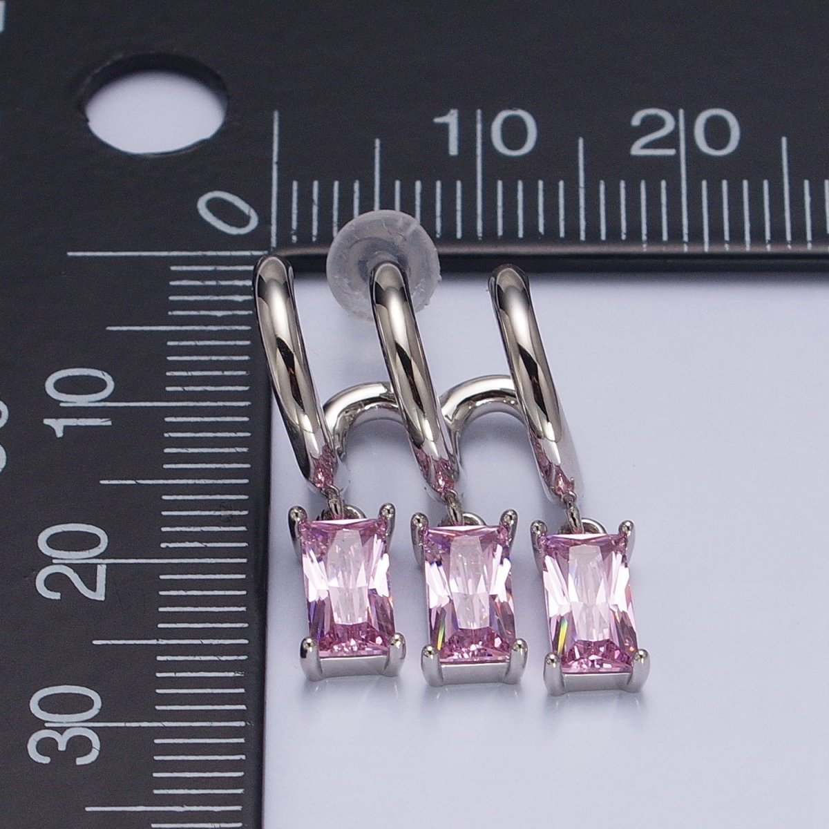 White Gold Filled Clear, Pink Baguette CZ Drop Triple Claw Stud Earrings | AD1399 AD1400 - DLUXCA