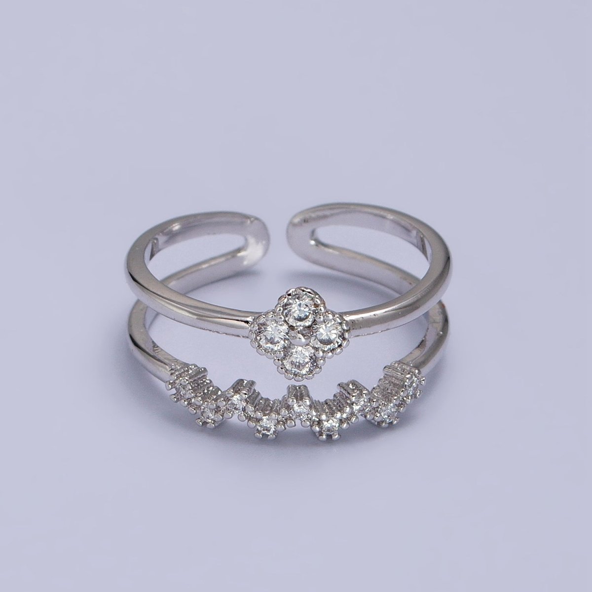 White Gold Filled Clear Quatrefoil Micro Paved CZ Double Band Silver Ring | Y-581 - DLUXCA