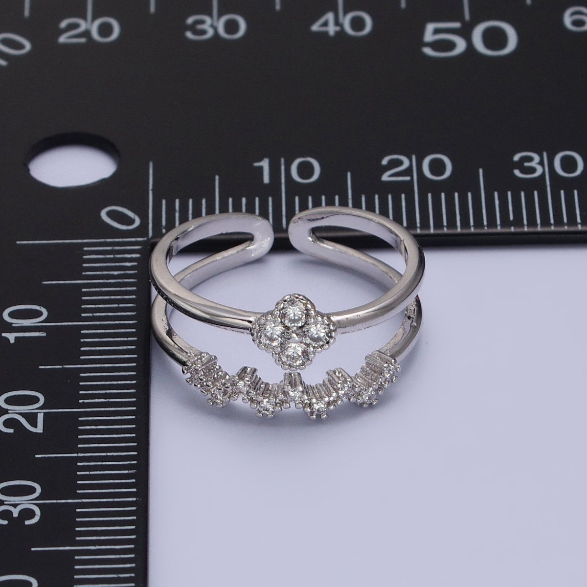White Gold Filled Clear Quatrefoil Micro Paved CZ Double Band Silver Ring | Y-581 - DLUXCA