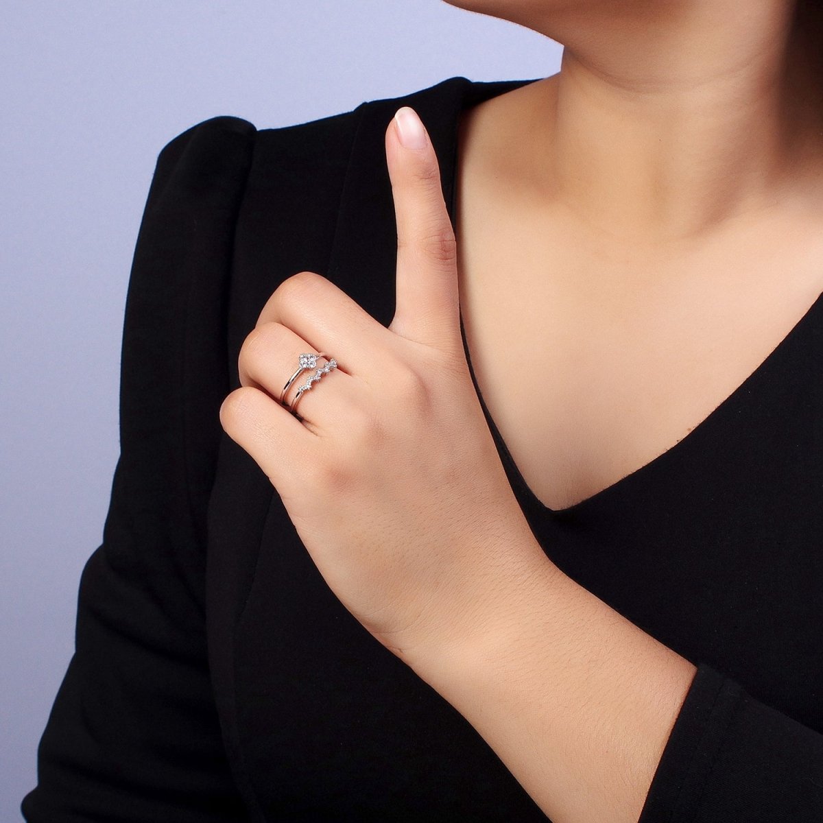 White Gold Filled Clear Quatrefoil Micro Paved CZ Double Band Silver Ring | Y-581 - DLUXCA