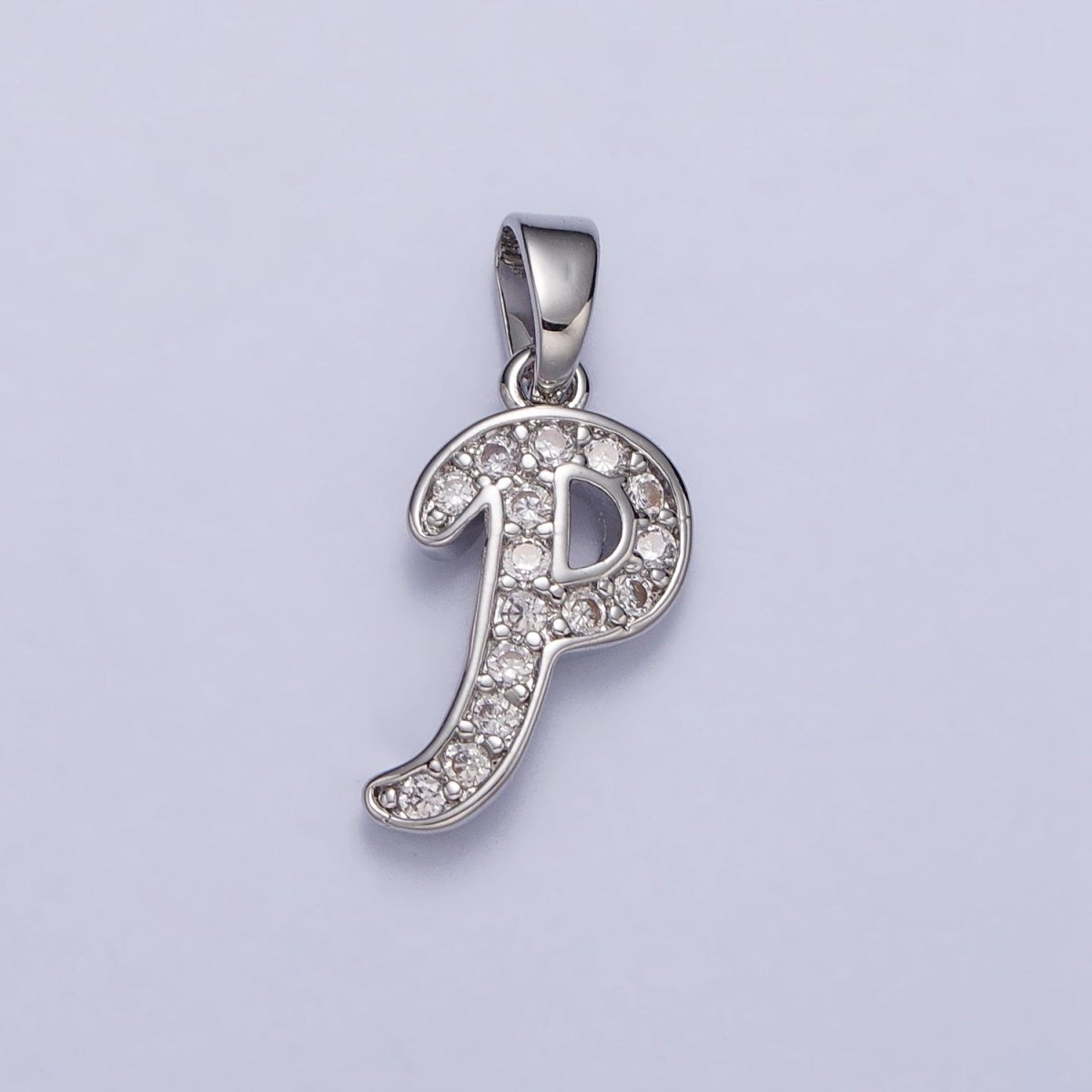 White Gold Filled Dainty Initial Letter Script A-Z Micro Paved CZ Personalized Pendant | AA049 - AA074 - DLUXCA