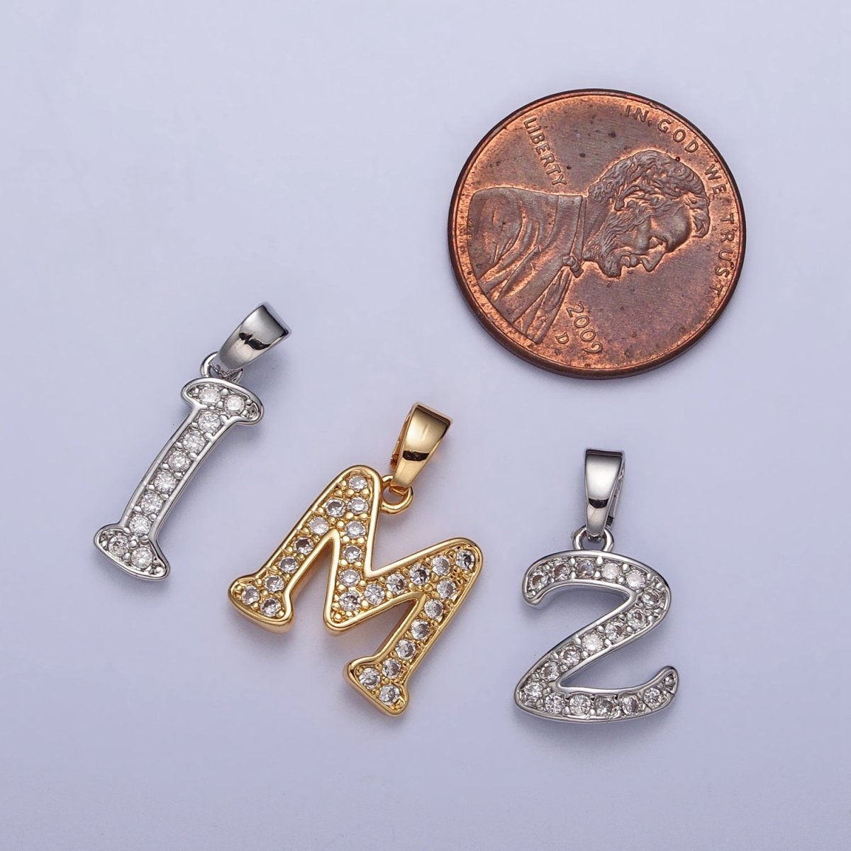 White Gold Filled Dainty Initial Letter Script A-Z Micro Paved CZ Personalized Pendant | AA049 - AA074 - DLUXCA