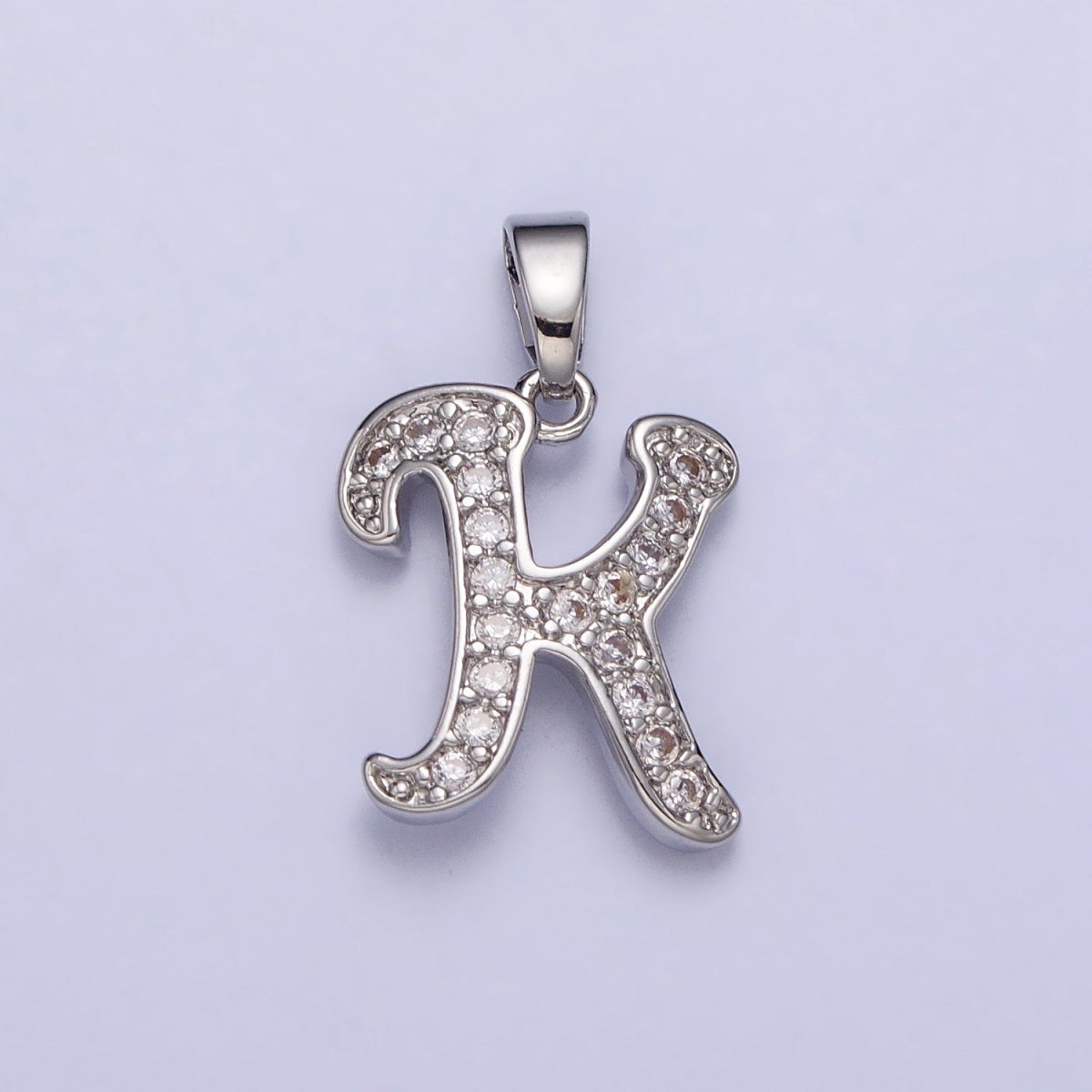 White Gold Filled Dainty Initial Letter Script A-Z Micro Paved CZ Personalized Pendant | AA049 - AA074 - DLUXCA