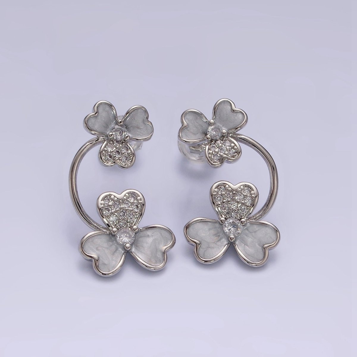 White Gold Filled Double Flower White, Purple Sparkly Enamel Micro Paved Stud Earrings | AE597 AE598 - DLUXCA