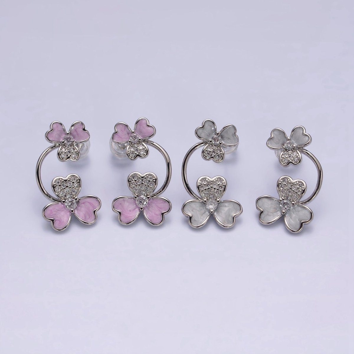 White Gold Filled Double Flower White, Purple Sparkly Enamel Micro Paved Stud Earrings | AE597 AE598 - DLUXCA