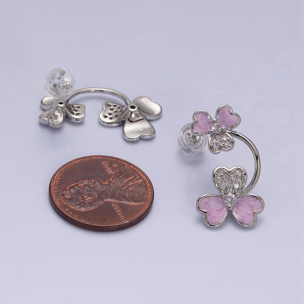 White Gold Filled Double Flower White, Purple Sparkly Enamel Micro Paved Stud Earrings | AE597 AE598 - DLUXCA