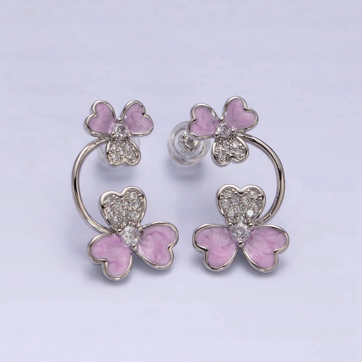 White Gold Filled Double Flower White, Purple Sparkly Enamel Micro Paved Stud Earrings | AE597 AE598 - DLUXCA
