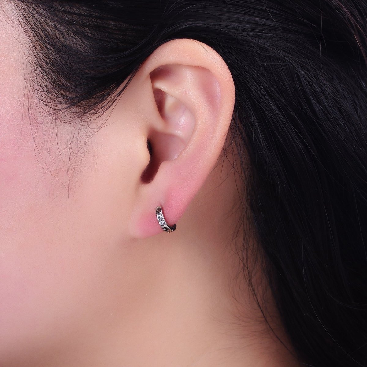 White Gold Filled Double Two Clear CZ Lined 10mm Cartilage Huggie Earrings | AD1450 - DLUXCA