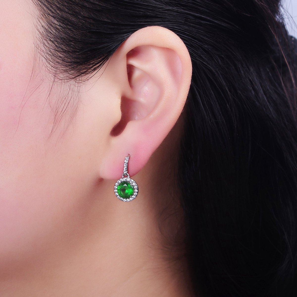 White Gold Filled Green CZ Round Micro Paved CZ French Hook Earrings | AD1451 - DLUXCA