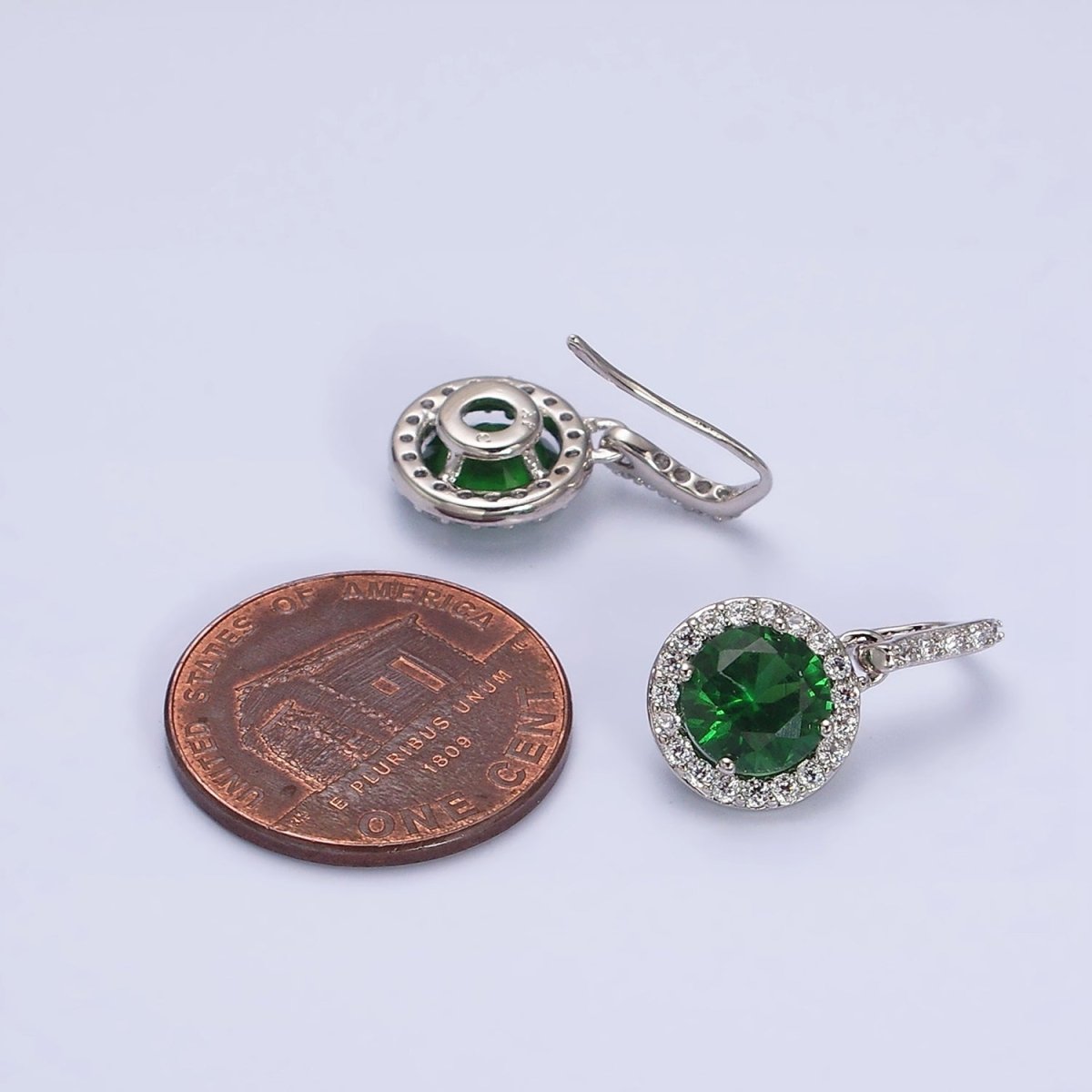 White Gold Filled Green CZ Round Micro Paved CZ French Hook Earrings | AD1451 - DLUXCA
