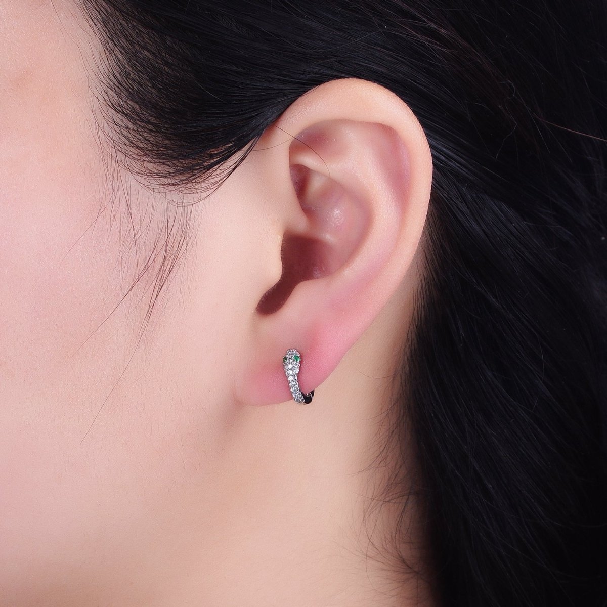 White Gold-Filled Green-Eyed Micro Paved 10mm Cartilage Huggie Earrings | AB1547 - DLUXCA