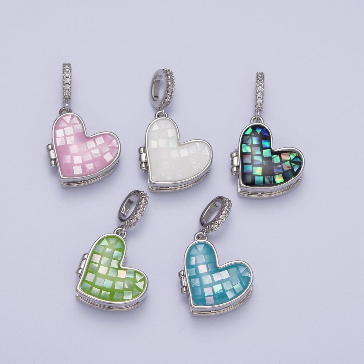White Gold Filled Heart Black, Blue, Pink, White, Green Shell Opal Heart Locket Pendant H-086 H-090 H-091 H-097 H-103 - DLUXCA