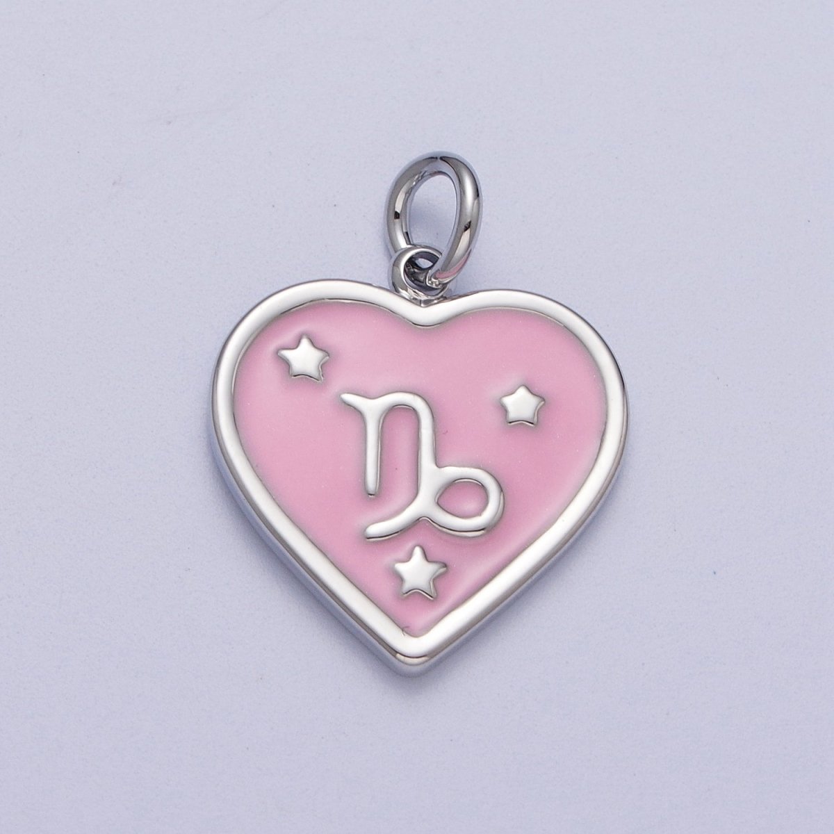 White Gold Filled Heart Pink Enamel Zodiac Constellation Astrology Birth Star Sign Silver Charm | A-199 to A-210 - DLUXCA