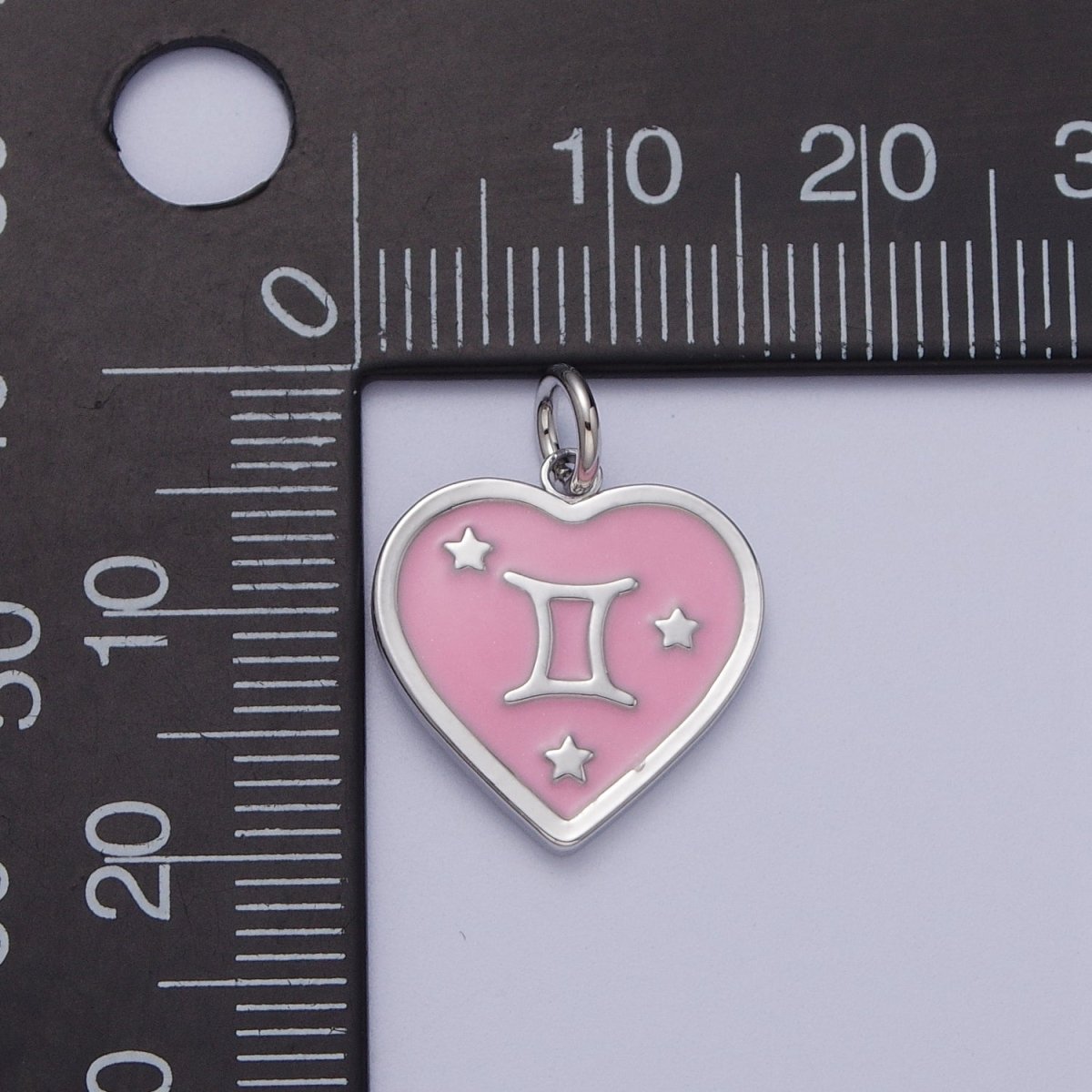 White Gold Filled Heart Pink Enamel Zodiac Constellation Astrology Birth Star Sign Silver Charm | A-199 to A-210 - DLUXCA