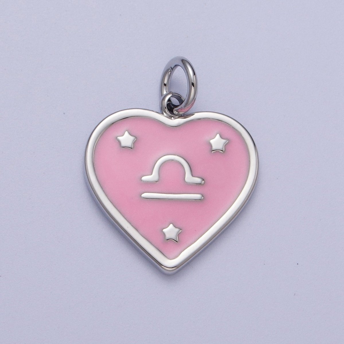 White Gold Filled Heart Pink Enamel Zodiac Constellation Astrology Birth Star Sign Silver Charm | A-199 to A-210 - DLUXCA