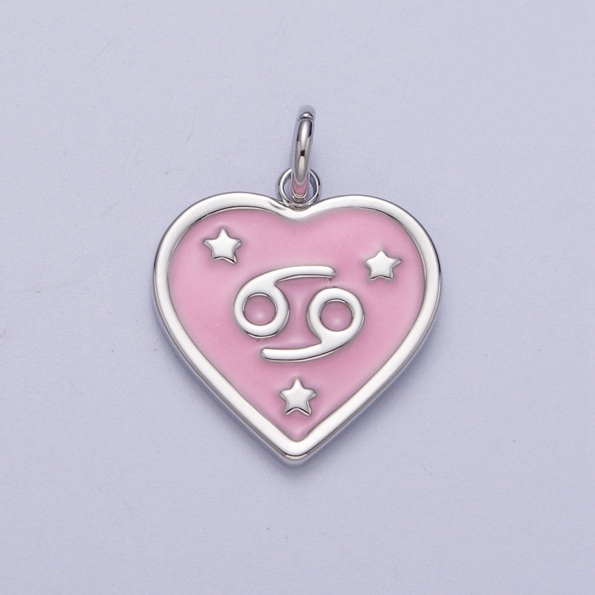 White Gold Filled Heart Pink Enamel Zodiac Constellation Astrology Birth Star Sign Silver Charm | A-199 to A-210 - DLUXCA