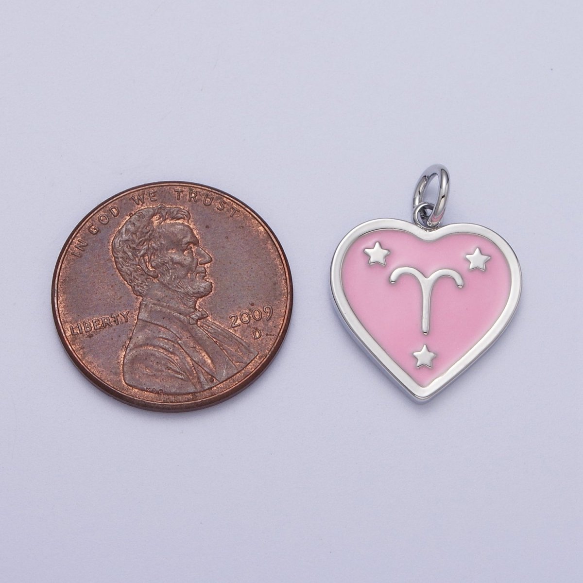 White Gold Filled Heart Pink Enamel Zodiac Constellation Astrology Birth Star Sign Silver Charm | A-199 to A-210 - DLUXCA