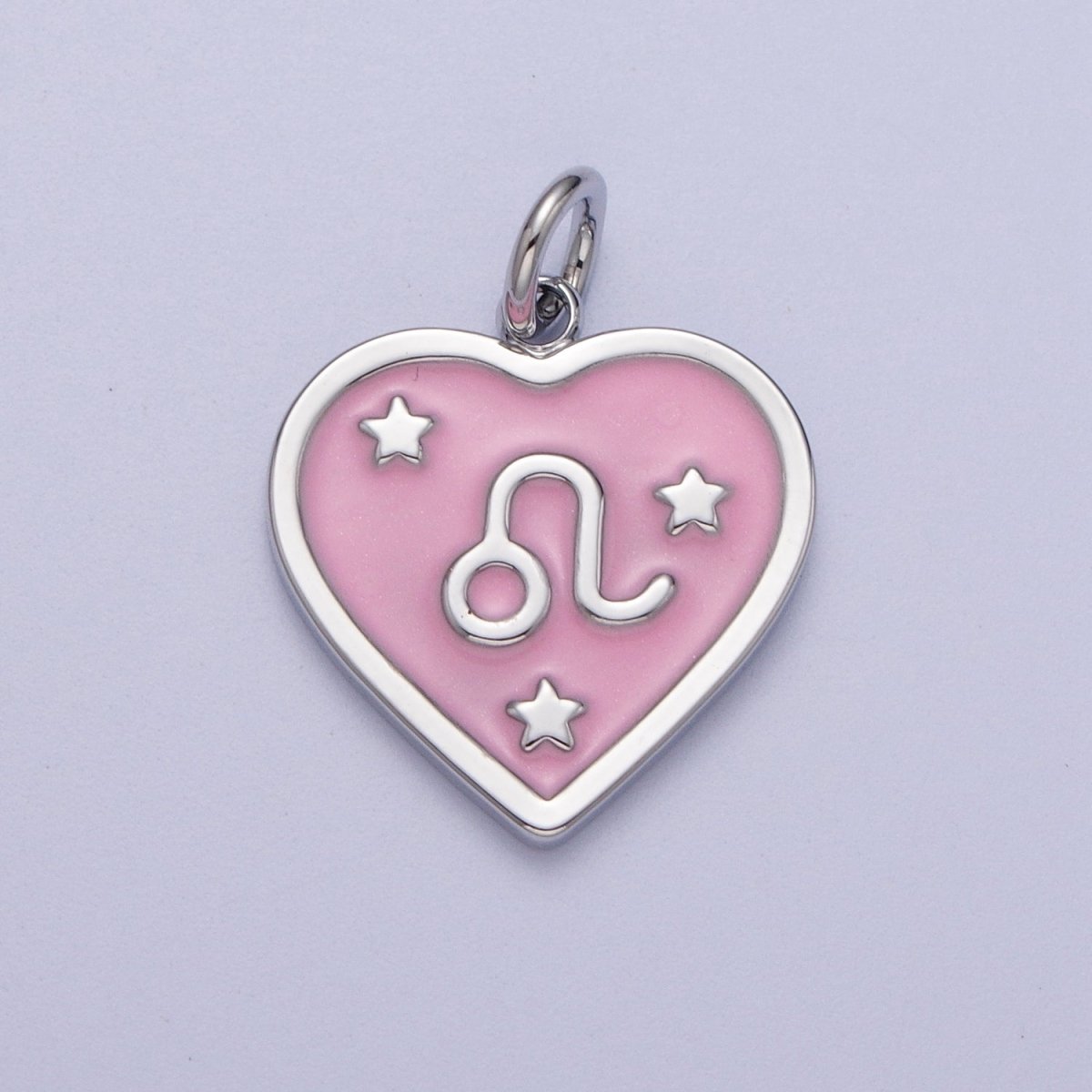 White Gold Filled Heart Pink Enamel Zodiac Constellation Astrology Birth Star Sign Silver Charm | A-199 to A-210 - DLUXCA