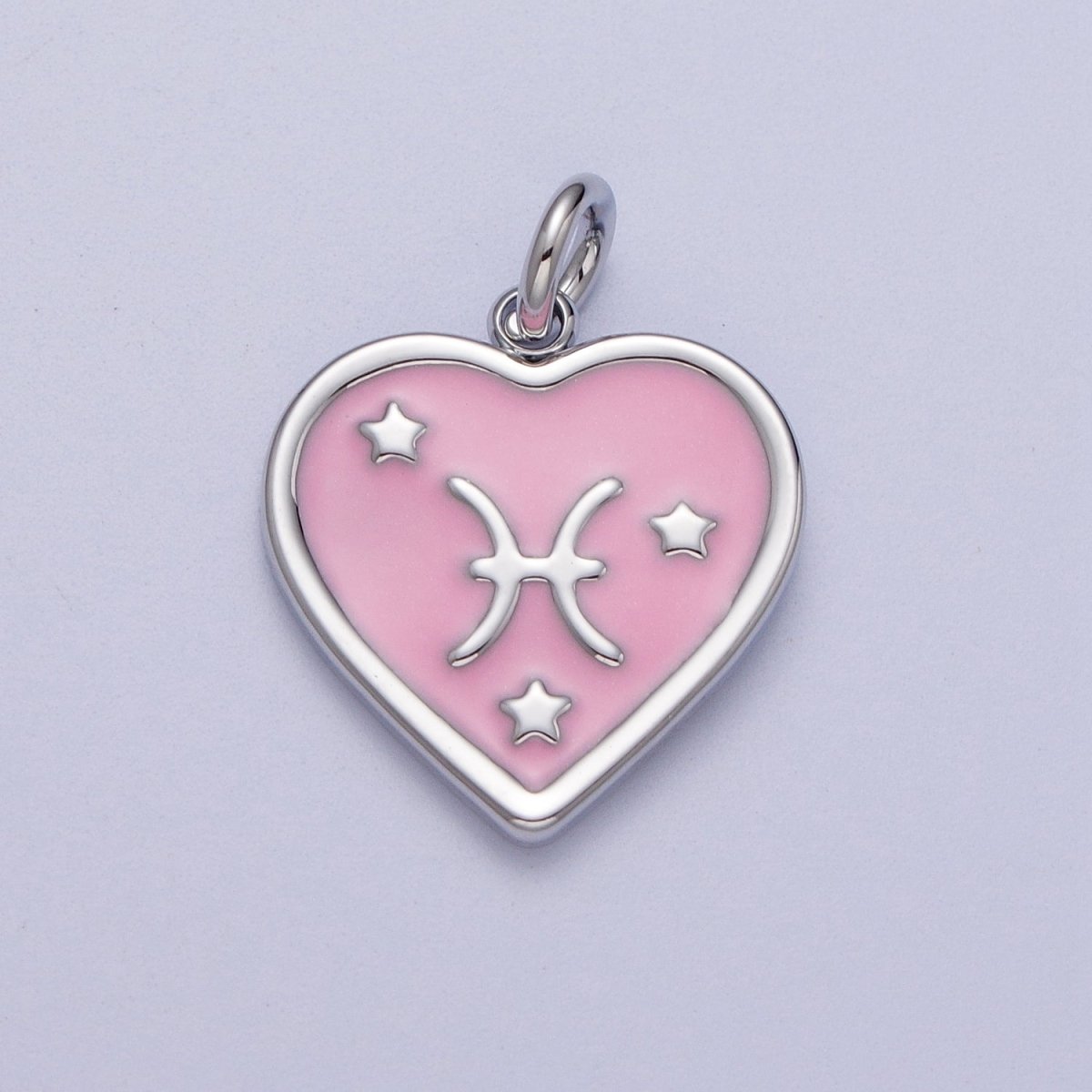 White Gold Filled Heart Pink Enamel Zodiac Constellation Astrology Birth Star Sign Silver Charm | A-199 to A-210 - DLUXCA