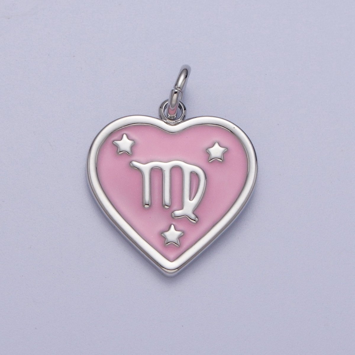 White Gold Filled Heart Pink Enamel Zodiac Constellation Astrology Birth Star Sign Silver Charm | A-199 to A-210 - DLUXCA