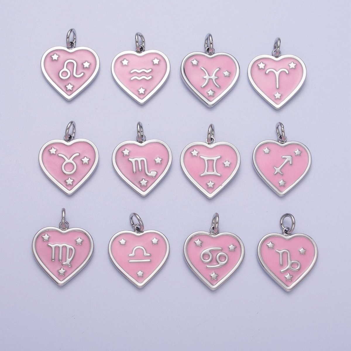 White Gold Filled Heart Pink Enamel Zodiac Constellation Astrology Birth Star Sign Silver Charm | A-199 to A-210 - DLUXCA