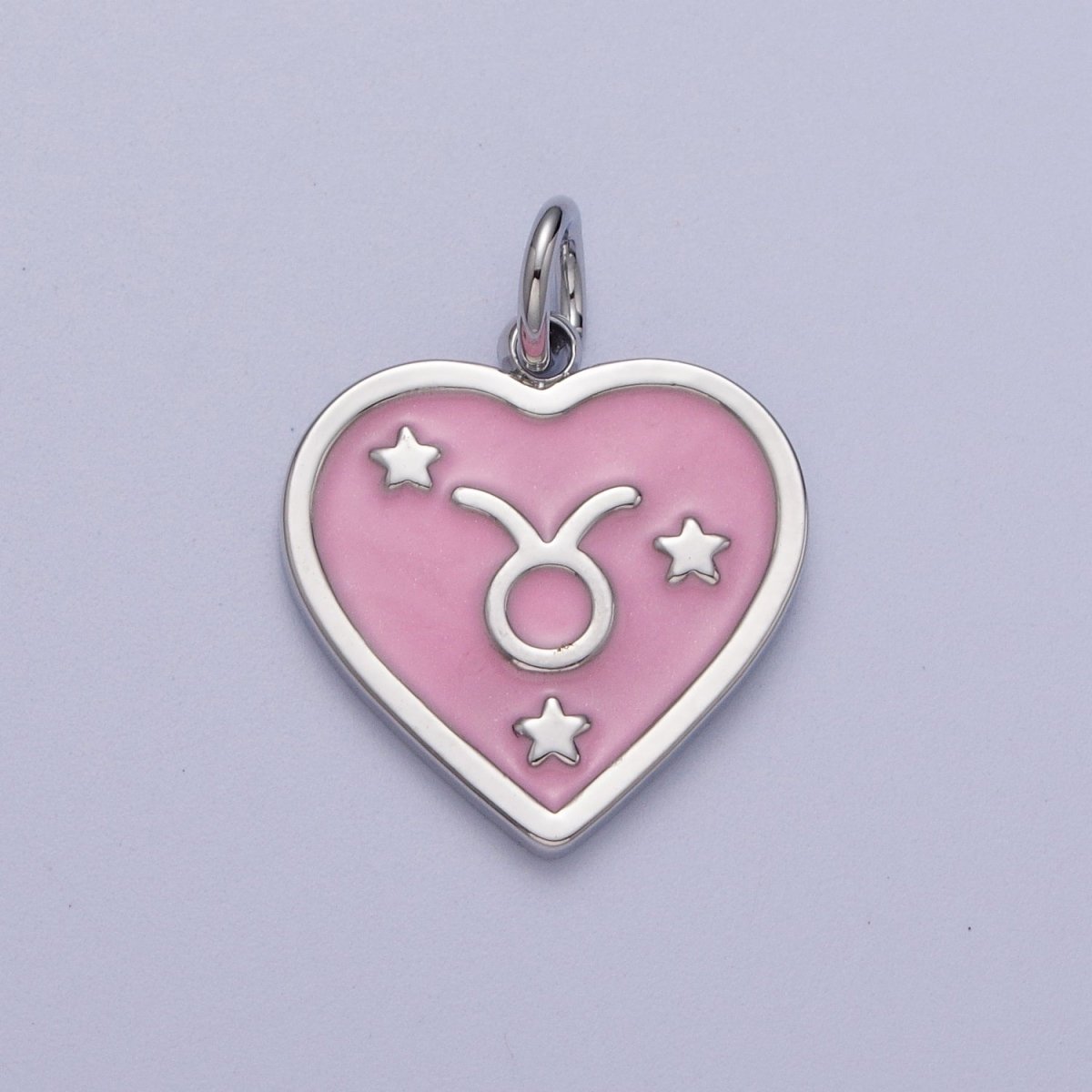 White Gold Filled Heart Pink Enamel Zodiac Constellation Astrology Birth Star Sign Silver Charm | A-199 to A-210 - DLUXCA