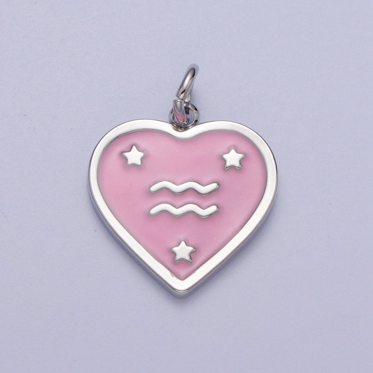 White Gold Filled Heart Pink Enamel Zodiac Constellation Astrology Birth Star Sign Silver Charm | A-199 to A-210 - DLUXCA