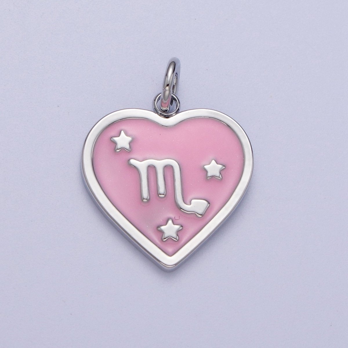 White Gold Filled Heart Pink Enamel Zodiac Constellation Astrology Birth Star Sign Silver Charm | A-199 to A-210 - DLUXCA