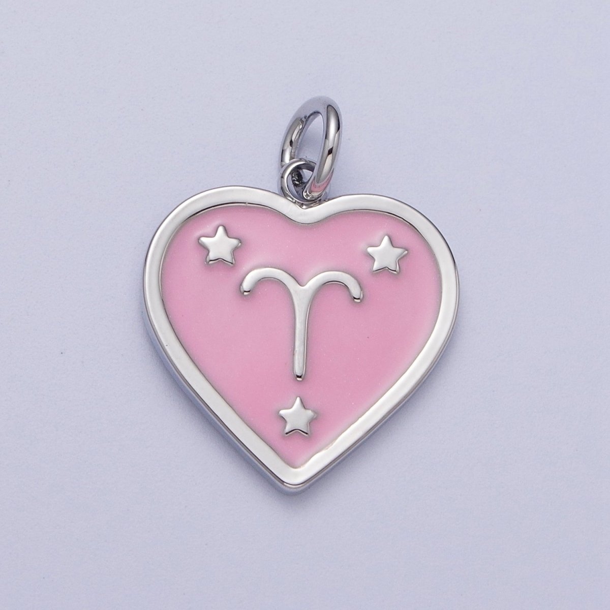 White Gold Filled Heart Pink Enamel Zodiac Constellation Astrology Birth Star Sign Silver Charm | A-199 to A-210 - DLUXCA