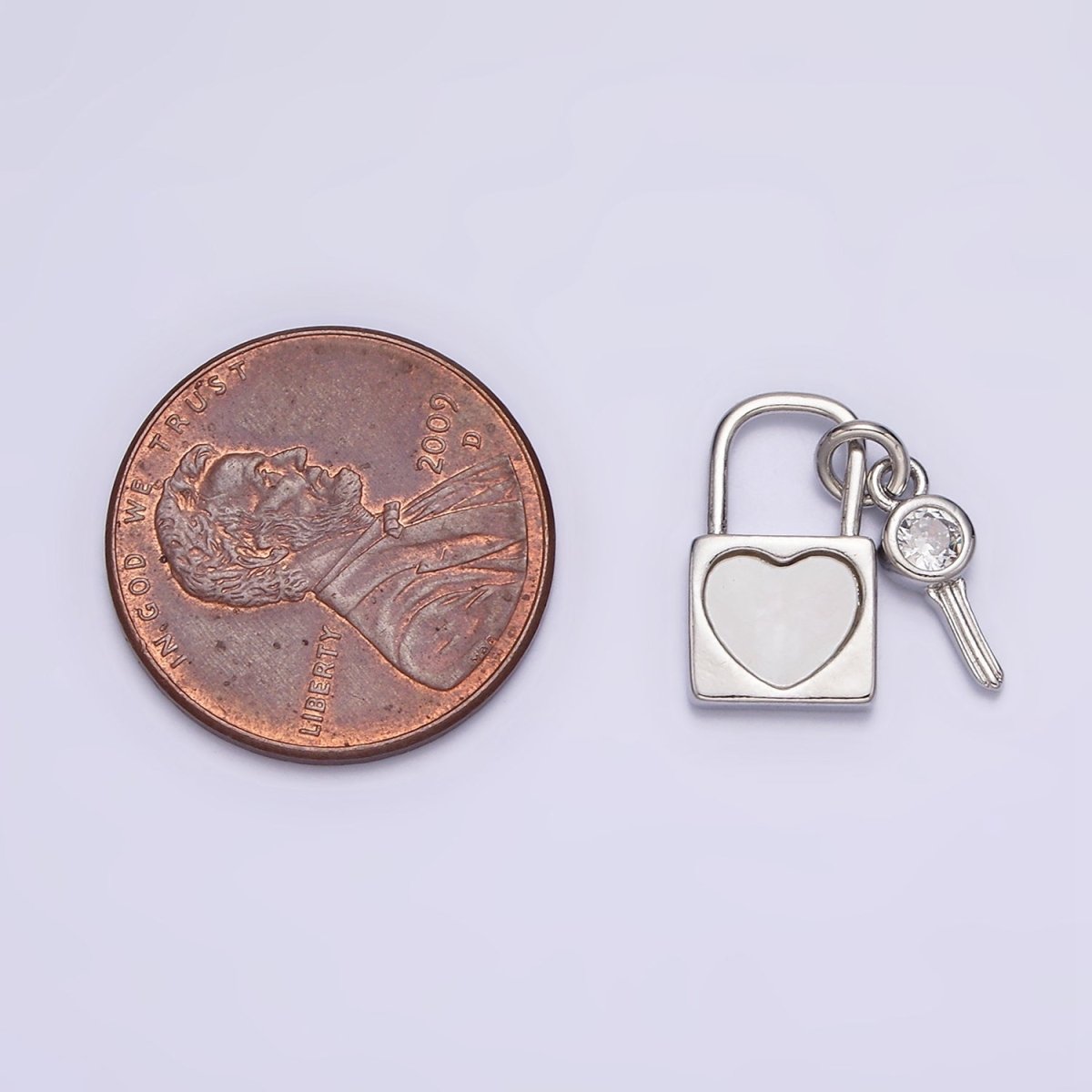 White Gold Filled Heart Shell Pearl CZ Key Padlock Pendant | N1007 - DLUXCA