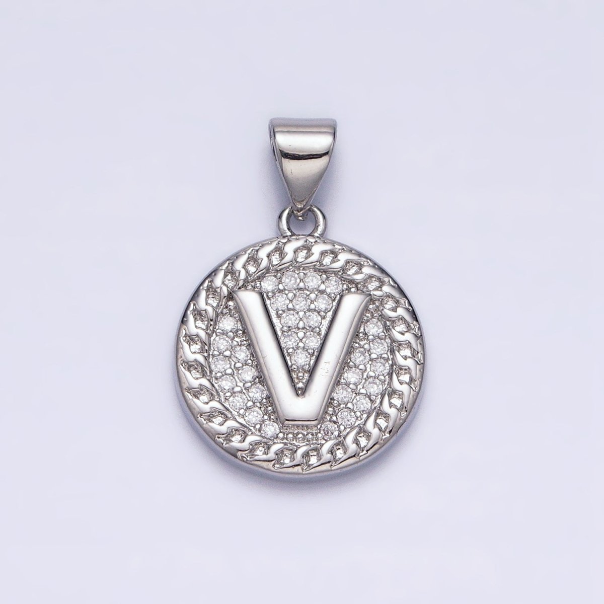 White Gold Filled Initial Letter A-Z Micro Paved Curb Link Round Coin Pendant | AD357 - AD382 - DLUXCA