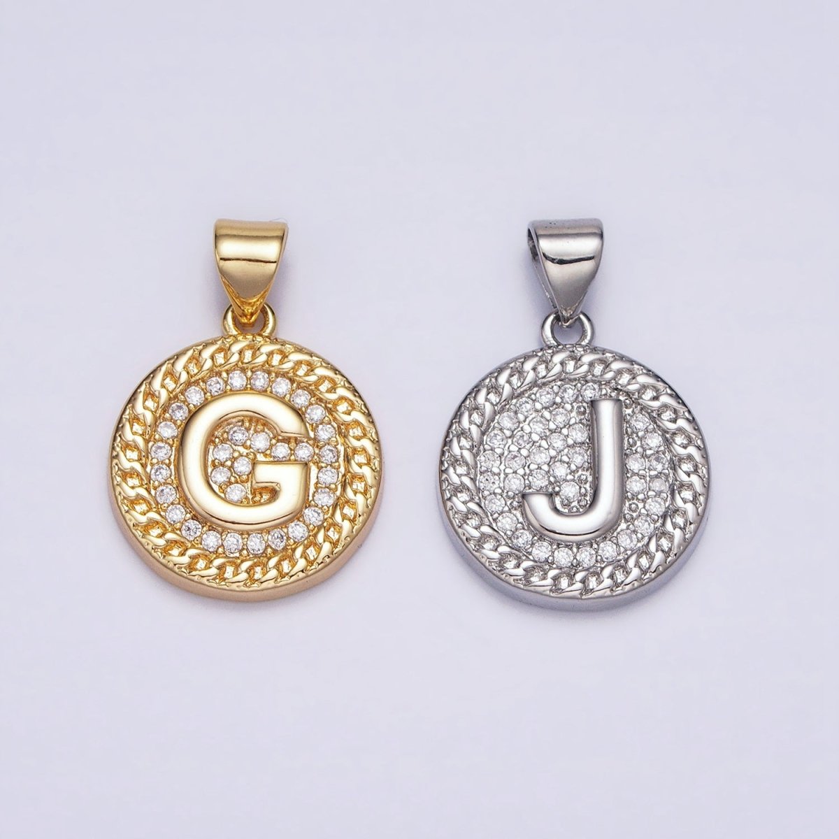 White Gold Filled Initial Letter A-Z Micro Paved Curb Link Round Coin Pendant | AD357 - AD382 - DLUXCA