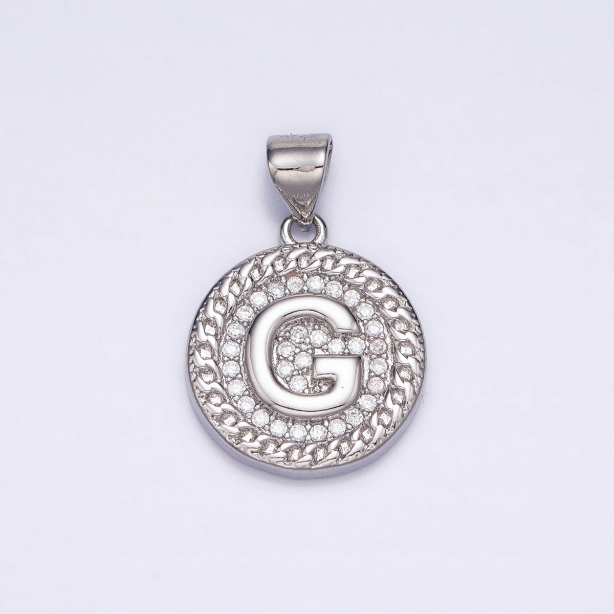 White Gold Filled Initial Letter A-Z Micro Paved Curb Link Round Coin Pendant | AD357 - AD382 - DLUXCA