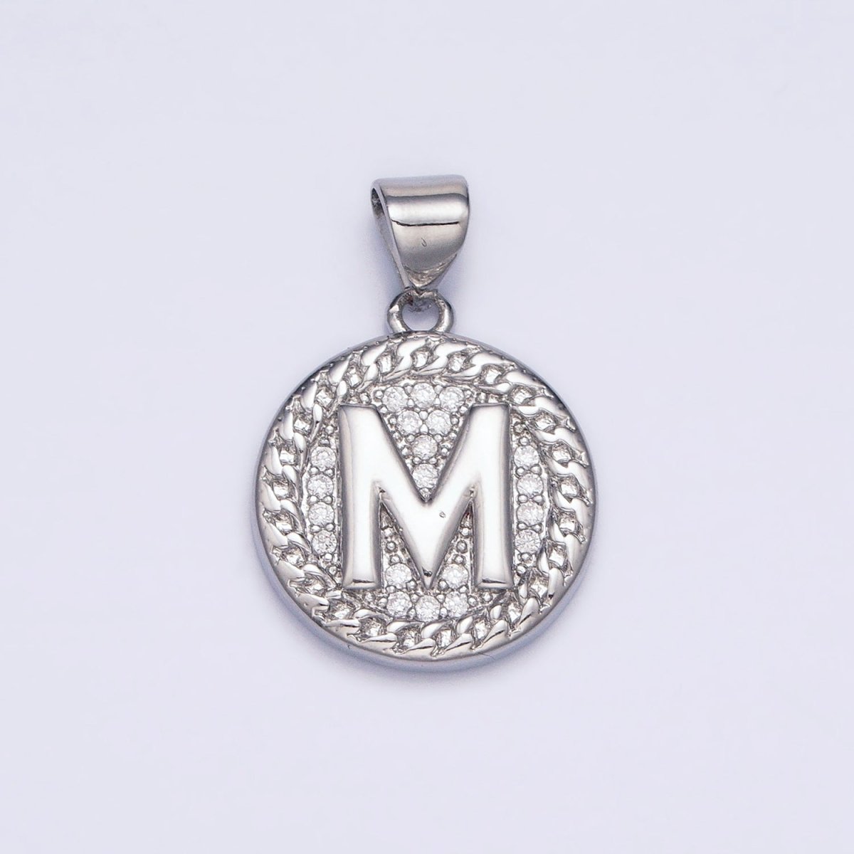 White Gold Filled Initial Letter A-Z Micro Paved Curb Link Round Coin Pendant | AD357 - AD382 - DLUXCA