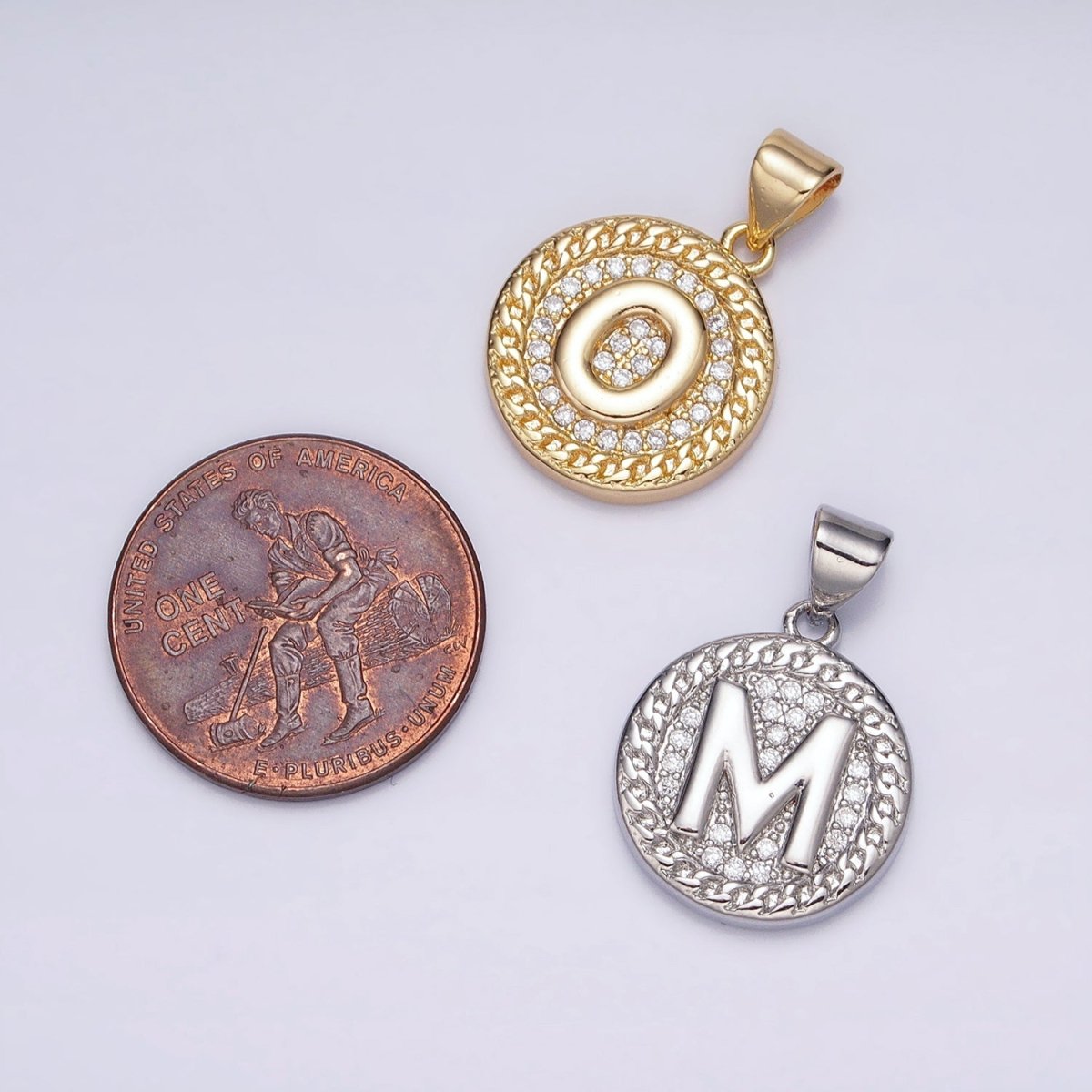 White Gold Filled Initial Letter A-Z Micro Paved Curb Link Round Coin Pendant | AD357 - AD382 - DLUXCA