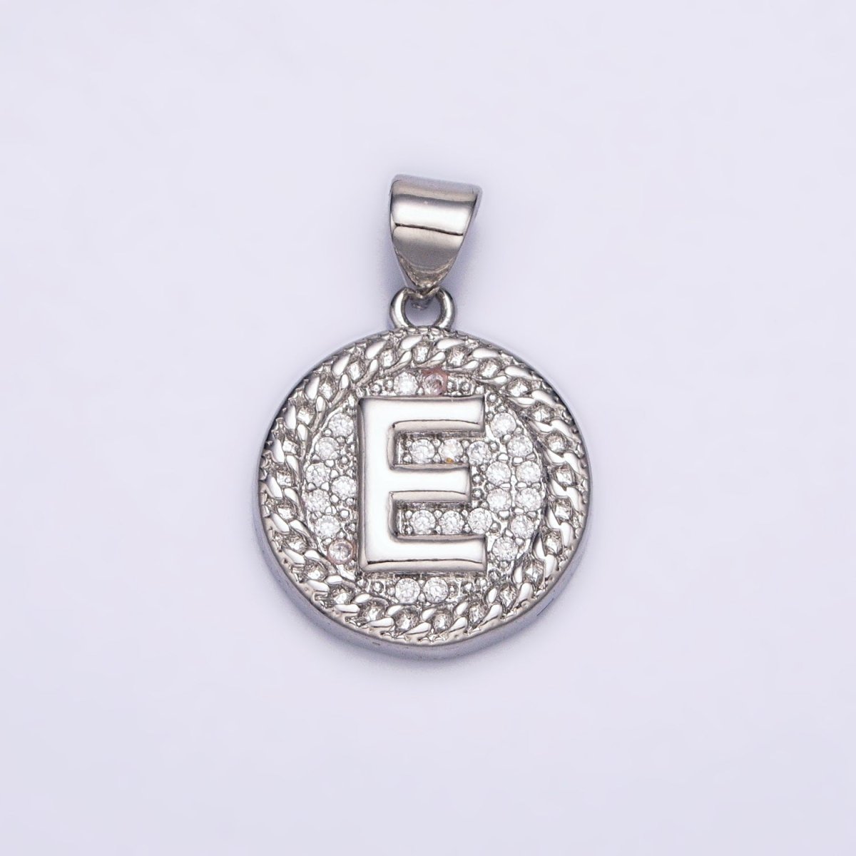 White Gold Filled Initial Letter A-Z Micro Paved Curb Link Round Coin Pendant | AD357 - AD382 - DLUXCA