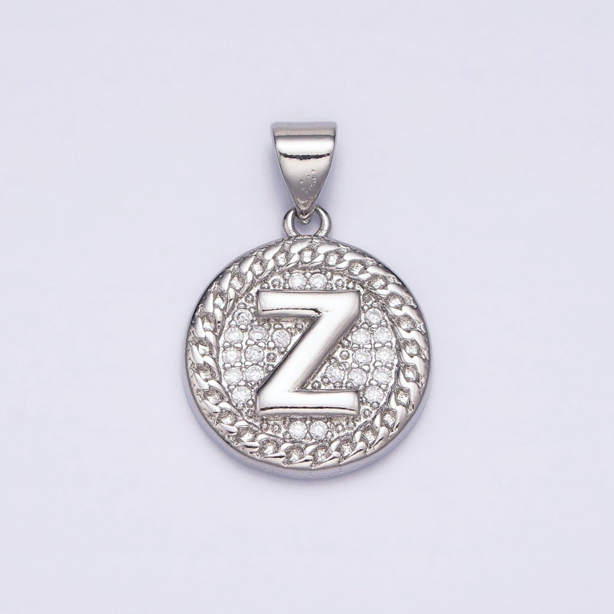 White Gold Filled Initial Letter A-Z Micro Paved Curb Link Round Coin Pendant | AD357 - AD382 - DLUXCA
