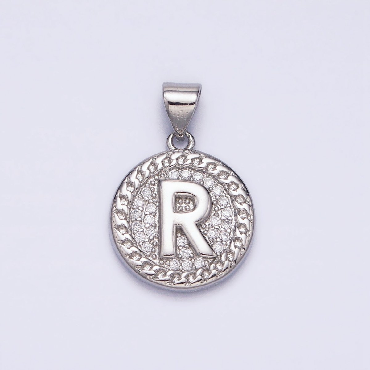 White Gold Filled Initial Letter A-Z Micro Paved Curb Link Round Coin Pendant | AD357 - AD382 - DLUXCA