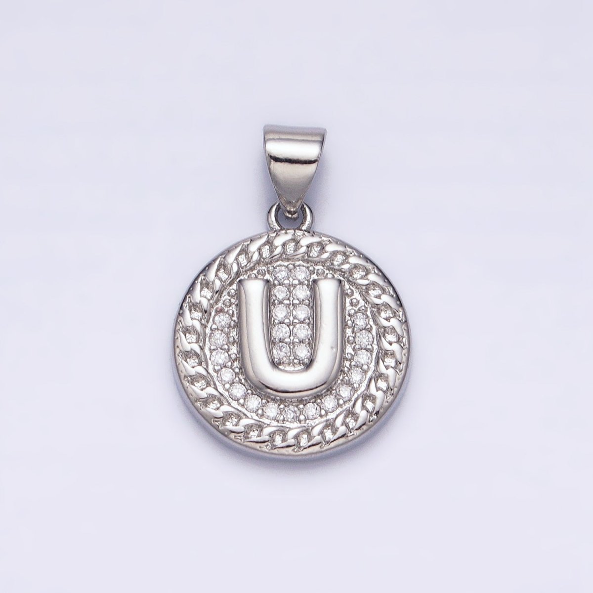 White Gold Filled Initial Letter A-Z Micro Paved Curb Link Round Coin Pendant | AD357 - AD382 - DLUXCA